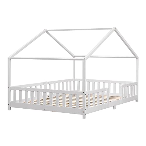 [en.casa] Kinderbett Treviolo Hausbett 140 x 200 cm Holzbett für Kinder mit Rausfallschutz Bettgestell mit Lattenrost Kiefernholz Weiß