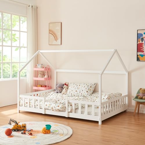 [en.casa] Kinderbett Sisimiut Hausbett 140 x 200 cm mit Rausfallschutz Holzbett für Kinder Bodenbett Lattenrost Kiefernholz Weiß matt