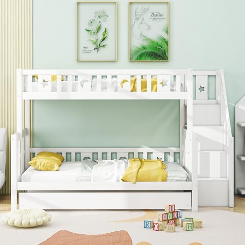 NQSLDM Etagenbett 90/140 x 200 cm mit Ausziehbett und Schließfächer, Kinderbett Hochbett mit Lattenrost und Rausfallschutz, Bettgestell aus Kieferholz, für Kinderzimmer, Ohne Matratze, Weiß