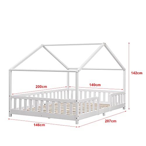 Treviolo Kinderbett mit Rausfallschutz 140x200cm mit Lattenrost und Gitter aus Holz in Weiß