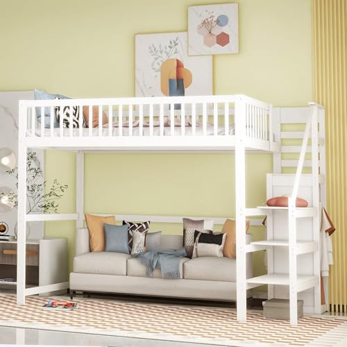 YCYDHDM Hochbett 140 x 200 cm mit Kleiderschrank und Lattenrost, Einzelbett Kinderbett mit Treppe und Stauraum, Bettgestell mit Rausfallschutz, Stauraumbett für Kinderzimmer, Ohne Matratze, Weiß