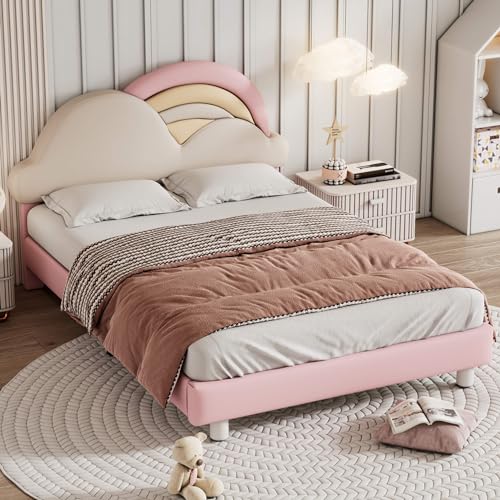 HYUB Kinderbett, Polsterbett 140x200cm mit Höhenverstellbares Kopfteil, Mädchenbett Doppelbett mit Holzlattenroste, für Jungen und Mädchen, Stauraum unter dem Bett, Ohne Matratz, Rosa