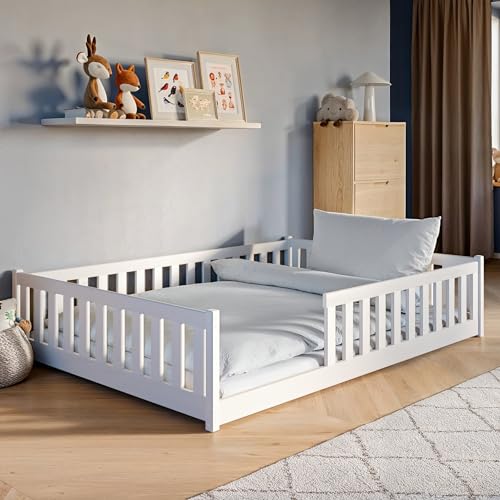 Kids Collective Kinderbett Bodenbett 140x200 cm mit Rausfallschutz & Lattenrost Montessori Bett Bed Gitterbett Kinder Jugendbett Einzelbett | weiß weitere Größen 80x160 | 90x200 | 120x200 cm