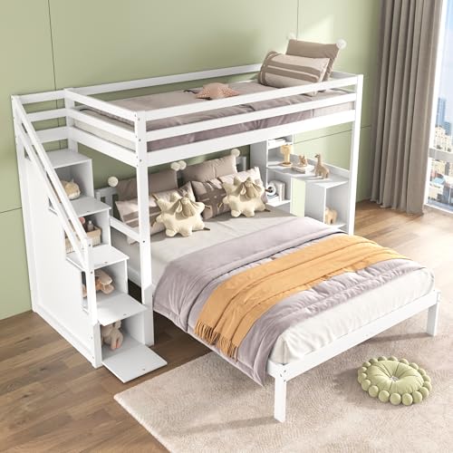 HAINEW Etagenbett Kinderbett 90 × 200cm + 140 × 200cm mit Stauraum Treppe und Seitlichen Ablagen, Weiß Holzbett Hausbett Stockbett mit Lattenrost und Rausfallschutz für 2-3 Kinder